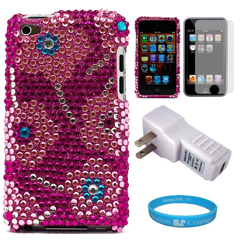 Premium Two Piece Pink Candy Flower Rhinestone Design Protective Crystal Case Cover for iPod Touch 4th Generation + Clear Screen Protector for Apple iPod Touch 4th Generation + USB Travel Wall Charger with LED Power Indicator + SumacLife TM Wisdom Courage Wristband
