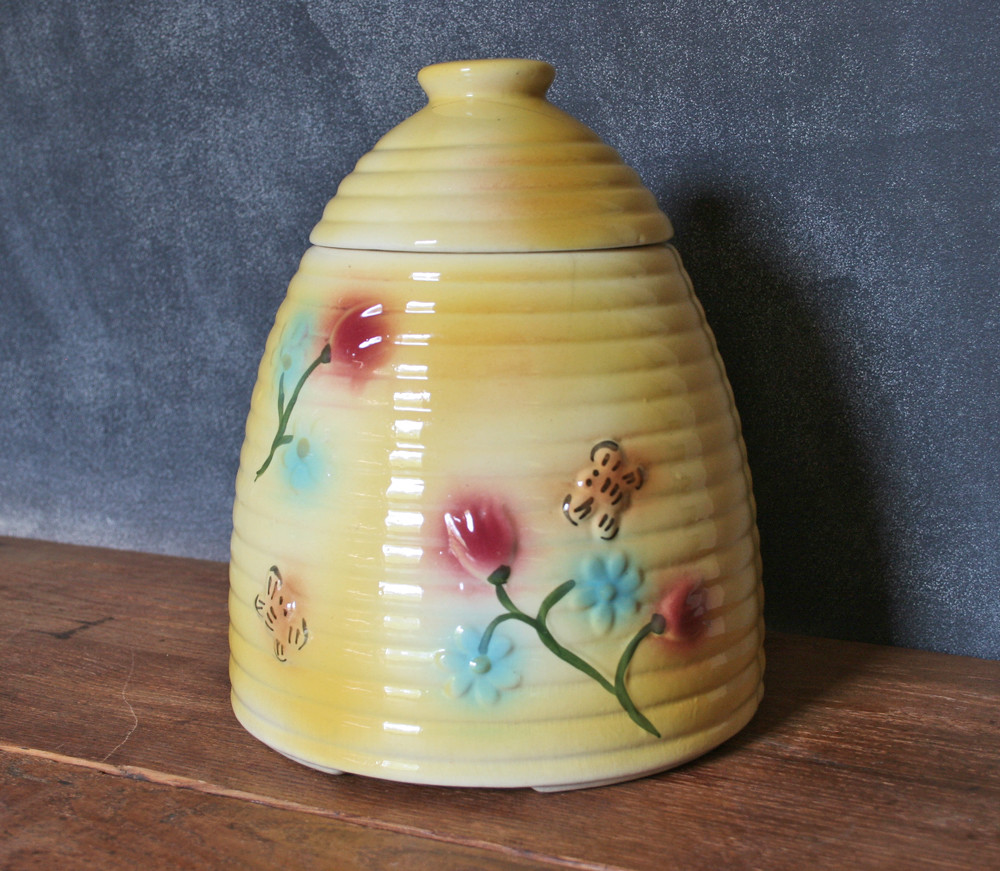 Antique Yellow Beehive Cookie Jar with Bees and Flowers