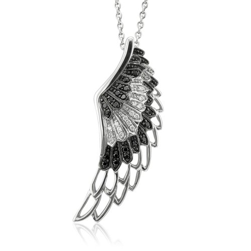 Sterling Silver Angel Feather Wing BLACK and WHITE Diamond Pendant Necklace (HI, SI3-I1, 0.25 carat)