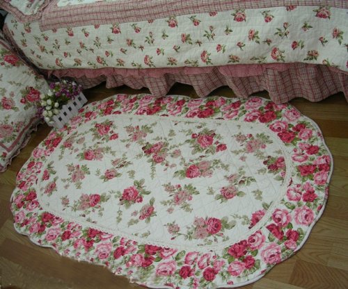Shabby Chic Style Oval Mary Red wild Roses Quilted throw rug