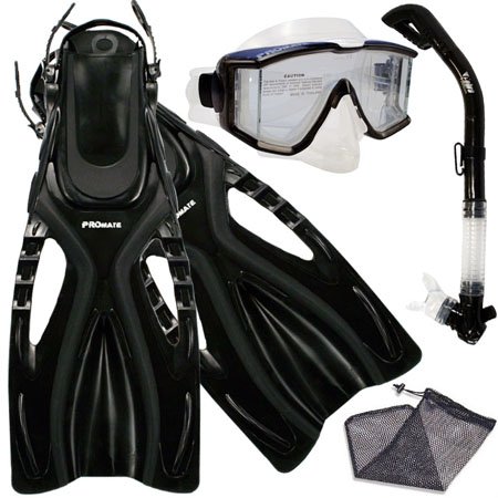 PROMATE Snorkeling Scuba Dive SIDE-VIEWED PURGE Mask Fins Dry Snorkel Gear Set, Bk, MLXL