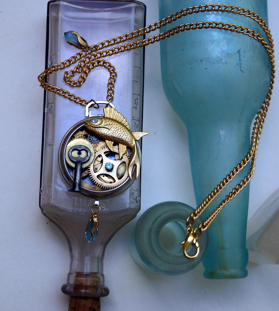 Incredible Steampunk necklace - Pisces fish with Aquamarine glass embellishments - 02