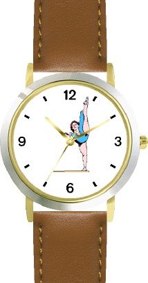 Balance Beam No.3 or Floor Exercise Women's Gymnastics Theme - WATCHBUDDY DELUXE TWO-TONE THEME WATCH - Arabic Numbers - Brown Leather Strap-Size-Large ( Men's Size or Jumbo Women's Size )