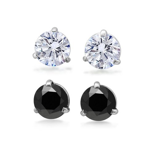 10k White Gold Natural Black Spinel and White Quartz Stud Earrings -3.20 cttw-2 Pairs