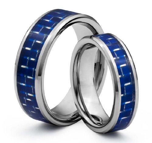 His & Her's 8MM/6MM Tungsten Carbide Wedding Band Ring Set w/ Blue Carbon Fiber Inlay (Available Sizes 4-14 Including Half Sizes)