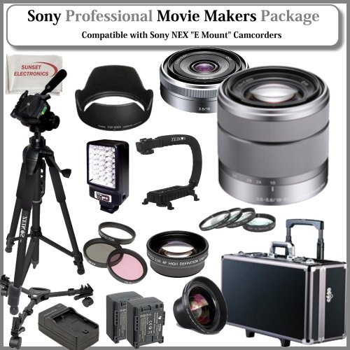 Movie Makers Package for SONY NEX-VG10, NEX-VG20 Interchangeable Lens Handycam Camcorders: Includes - Sony E-Mount SEL16F28 16mm f/2.8 Wide-Angle Alpha E-Mount Lens, Sony E-Mount SEL 1855 18-55mm f/3.5-5.6 Zoom Lens for Alpha NEX Cameras, 0.45x High Definition Wide Angle Lens, 2x Telephoto HD Lens, Pro Filter Kit (UV,CPL,FLD), 4 Piece Macro Close-up Kit (+1,+2,+4,+10), Professional LED Video Light, Stabilizing Handle/Grip, Pro Fluid Head Tripod w/ Pro Tripod Dolly, Professional Hard Carrying Cas