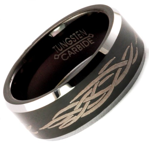 Tungsten Carbide Men's Ladies Unisex Ring Wedding Band 8MM (5/16 inch) Black Laser Engraved Tribal Comfort Fit (Available in Sizes 8 to 12) size 11