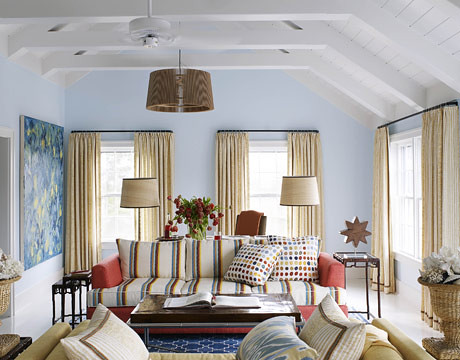 Beach cottage style: Blue living room + playful pattern mix + 'Clear Skies' by Benjamin Moore