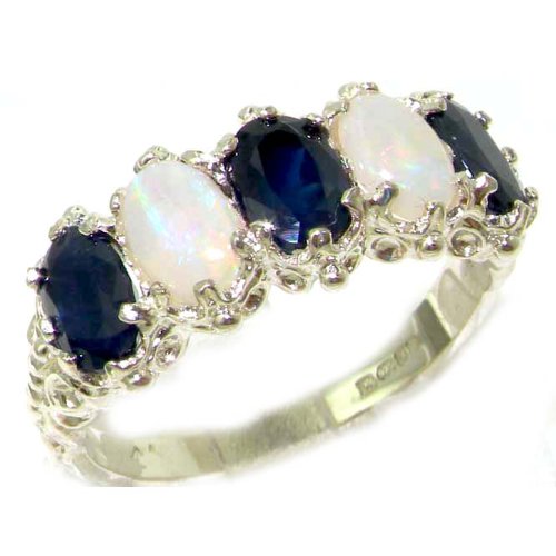 Victorian Design Solid English Sterling Silver Natural Sapphire & Opal Ring - Size 7 - Finger Sizes 5 to 12 Available