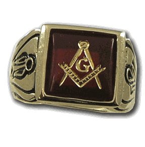 18K Gold Electroplate (Faux Ruby) Red Ruby Stone - Freemason's Jewelry Masonic Rings for Stone Masons / Free Masonry Member. This Free Masons Masonary Ring featured the Masonic symbol emblem Encrusted in 18K Gold! Free Mason Ring SIZE 12
