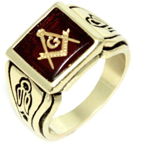 18K Gold Electroplate (Faux Ruby) Red Ruby Stone - Freemason's Jewelry Masonic Rings for Stone Masons / Free Masonry Member. This Free Masons Masonary Ring featured the Masonic symbol emblem Encrusted in 18K Gold! Free Mason Ring SIZE 15