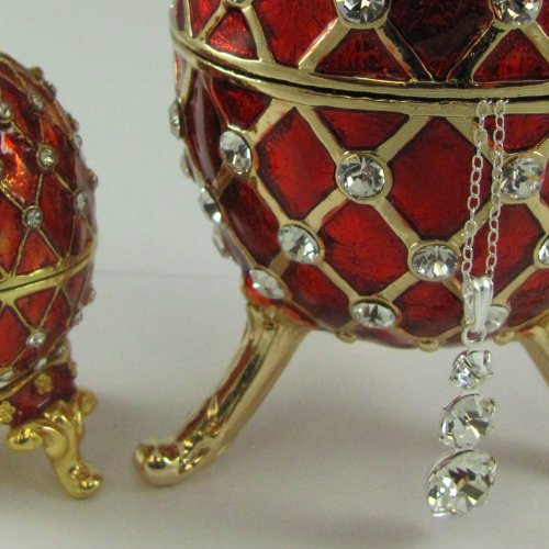 NESTED SET: Swarovski Crystals! Large RED Faberge Egg Box with Miniature Egg Nested Inside, with Necklace Nested Inside! Gold Jewelry Box ...ABSOLUTELY FABULOUS!