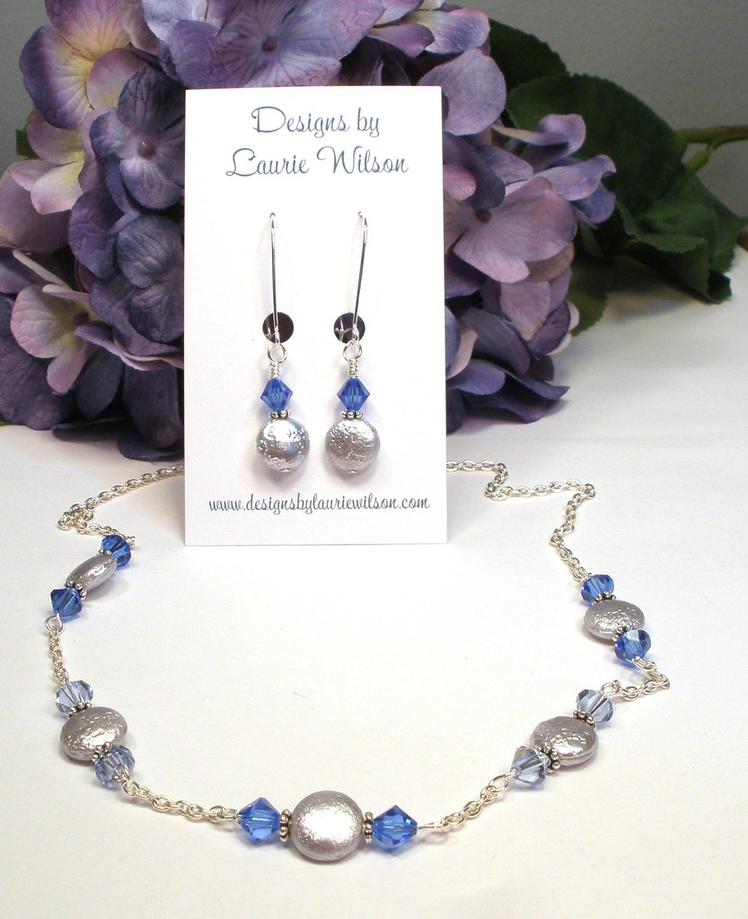 Blue Crystal and Silver Coin Necklace and Earrings Set