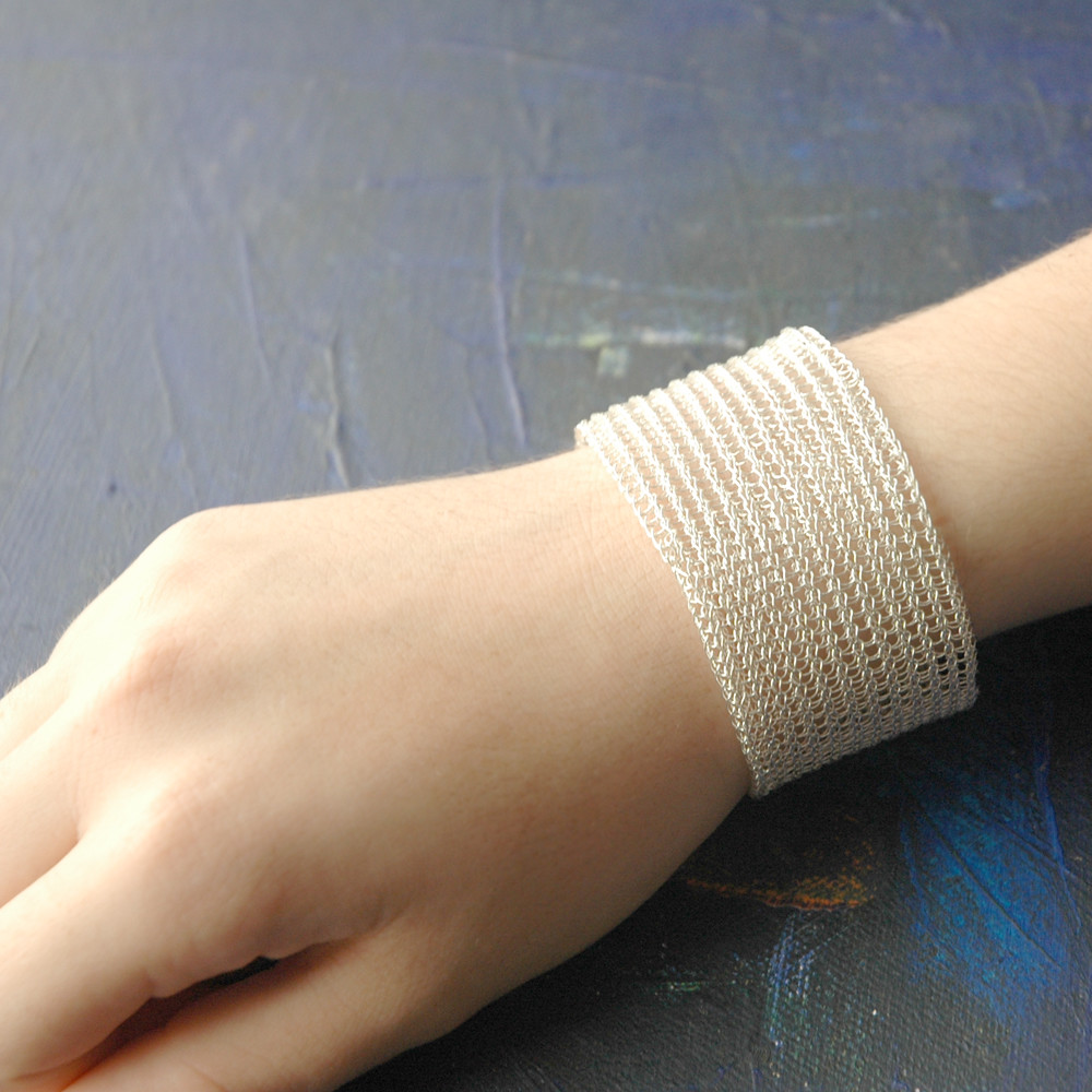 Silver cuff bracelet in crochet 1.9 inch wide