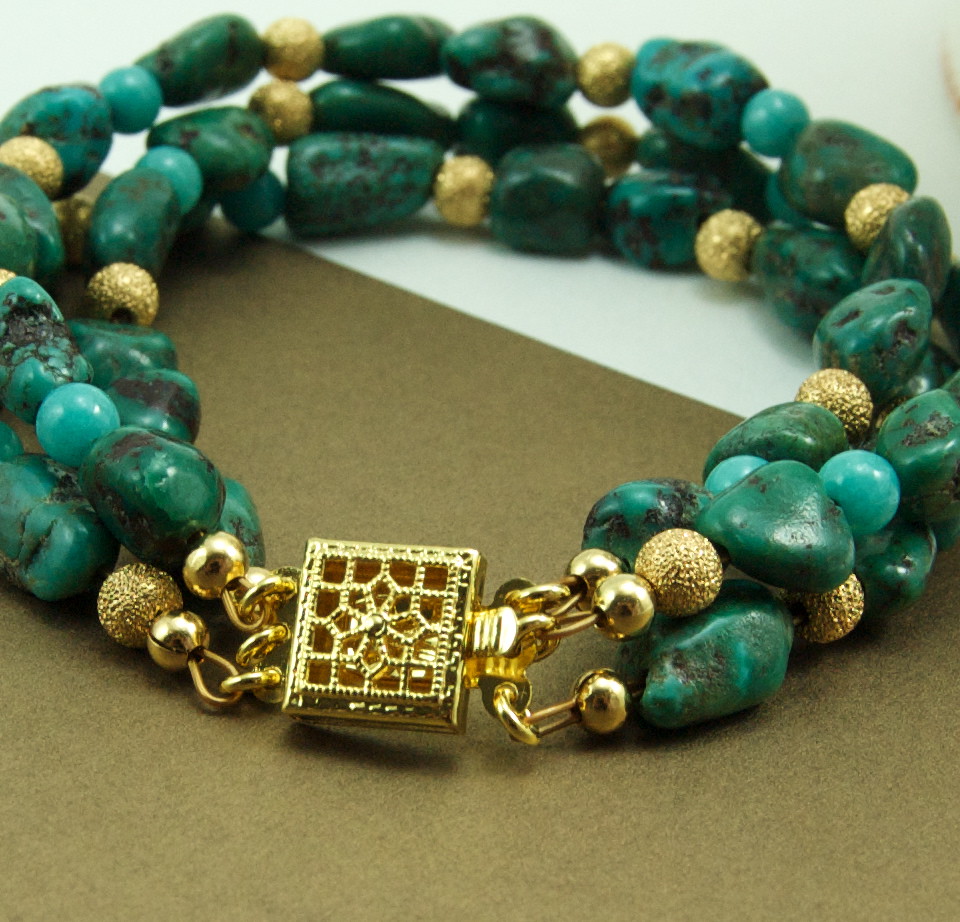 Gemma Multistrand Bracelet, Turquoise and Gold Beads