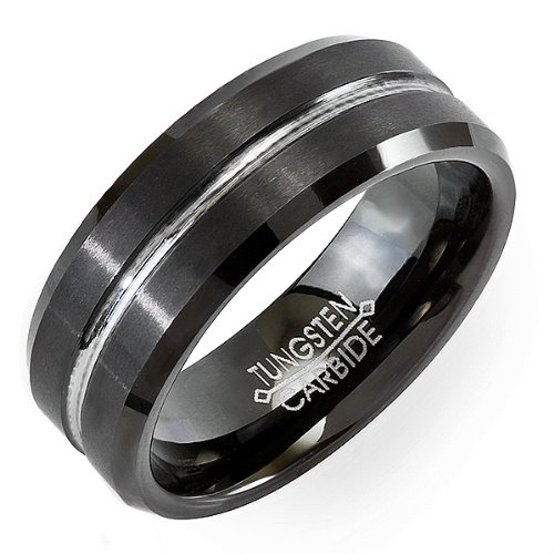 Tungsten Carbide Men's Ladies Unisex Ring Wedding Band 8MM (5/16 inch) Center Groove Black Beveled Edge Comfort Fit (Available in Sizes 8 to 12) size 10