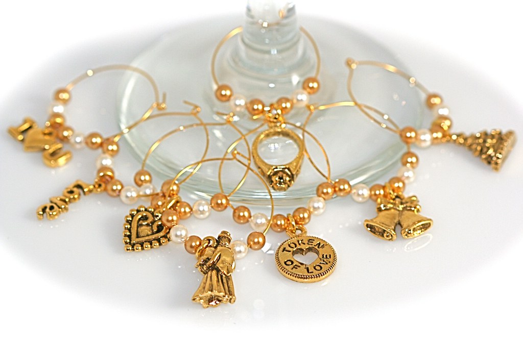 Antiqued Gold Wedding Wine Glass Charms