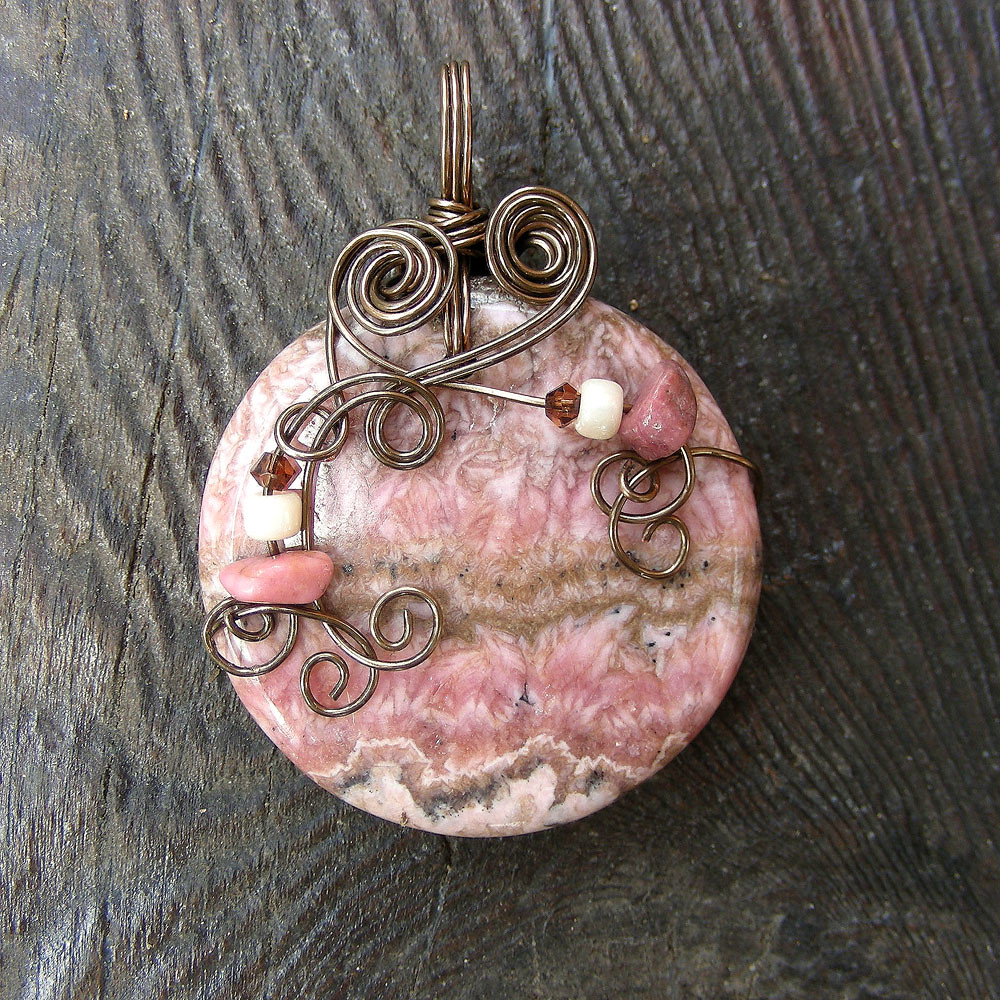 WILD ROSE ~ Pink Rhodochrosite Antique Bronze Wire Wrapped Pendant Necklace.