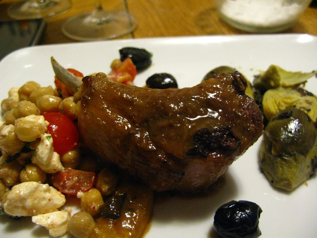 Day 20: 4/15/11 -- Lamb rib chops with preserved lemon and cured olives; a chick pea, tomato, feta, and mint salad; truffled baby artichokes