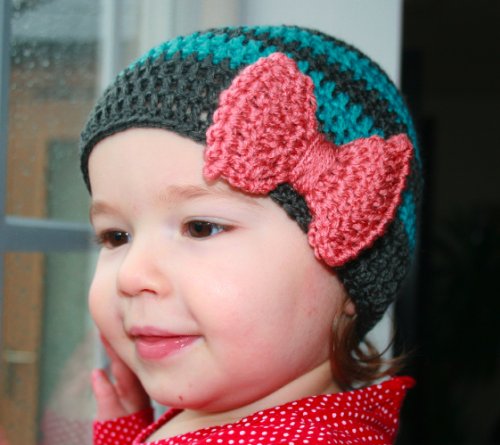 Crochet pattern Green and Grey Striped baby hat with bow includes 5 sizes from newborn to adult (Crochet hats)