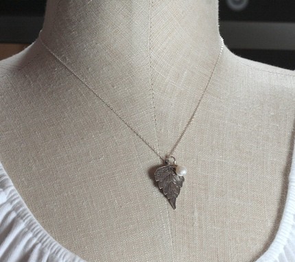 Hanging Leaf Necklace - Sterling Silver Leaf Pendant and Pearl Bead on Sterling Silver Chain