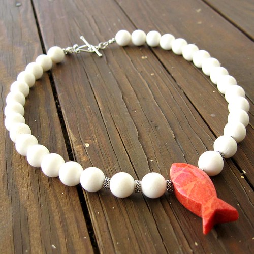 Red Sea Necklace - White Coral and Sterling Silver Necklace with Salmon-Colored Coral Fish Pendant