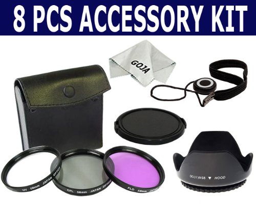 Essential Filter Accessory Kit for CANON Rebel (XT, XTi, XSi T1i, T2i, T3i), CANON EOS (550D 500D 450D 400D 350D 300D). Includes: 58mm Lens Hood + 58mm 3pc Filter Kit (PL, UV, FD) + 58mm Lens Cap + Cap Keeper + 1 Ultra Fine Goja Microfiber Cleaning Cloth