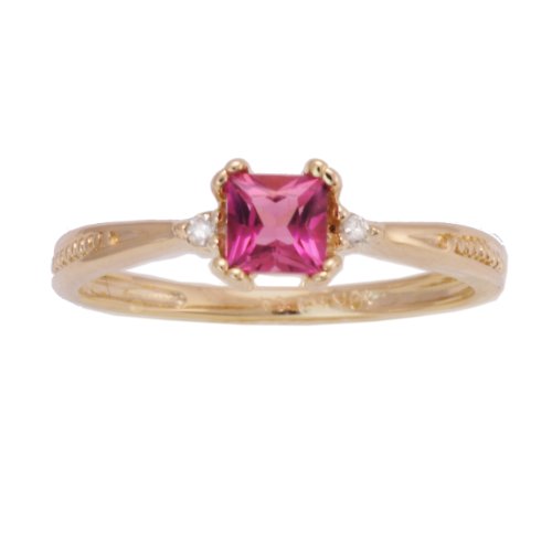 10K Yellow Gold Pink Tourmaline Princess-Cut Exotic Gemstone and Diamond Ring, Size 8