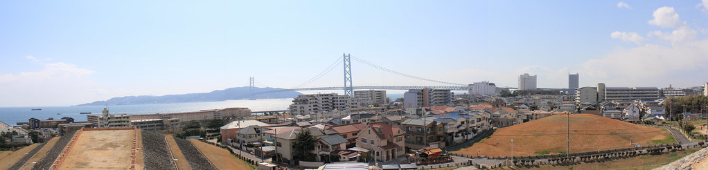 Panoramic Photography from Goshikiduka viewing Akashi Kaikyo Bridge and Awaji Island (Tarumi-ku, Kobe, Japan)