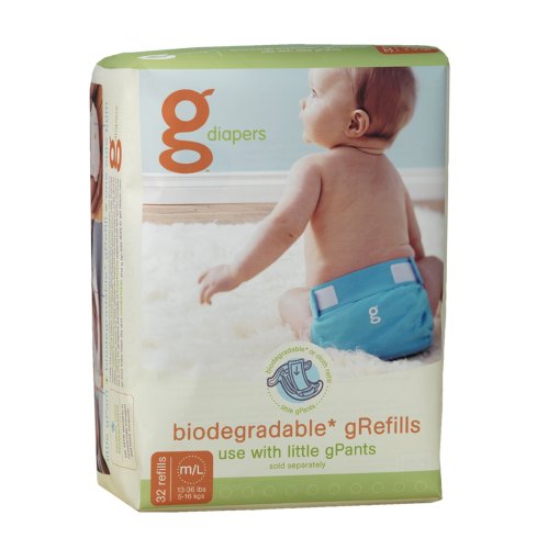 gDiapers Biodegradable Diapers Refills, Medium/Large, 32 Count Bags (Pack of 4)