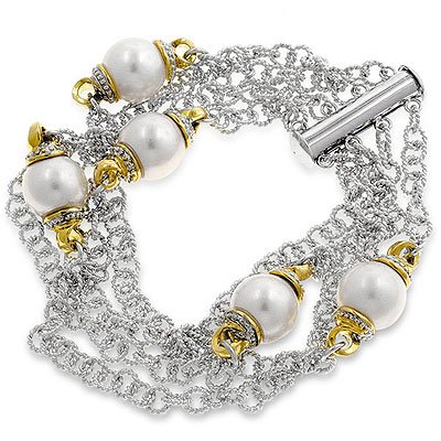 14k Gold and White Gold Rhodium Bonded Rope Chain Fashion Braclet with Shell Pearl and Slide Clasp in Tutone