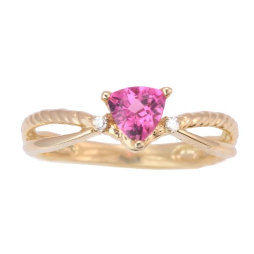 10K Yellow Gold Pink Tourmaline and Diamond Split Shank Ring, Size 6