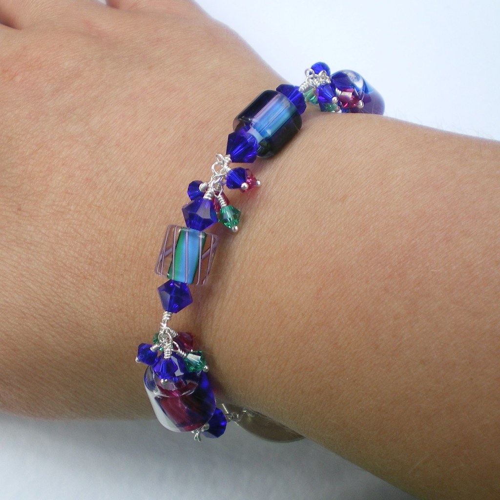 Furnace Glass and Crystal Bracelet with Handcrafted Silver Swirls Clasp