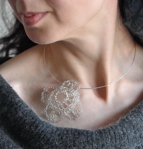 Necklace - crocheted sterling silver stylized modern 3D flower on sterling silver 16 inch round omega chain - Silver Garden