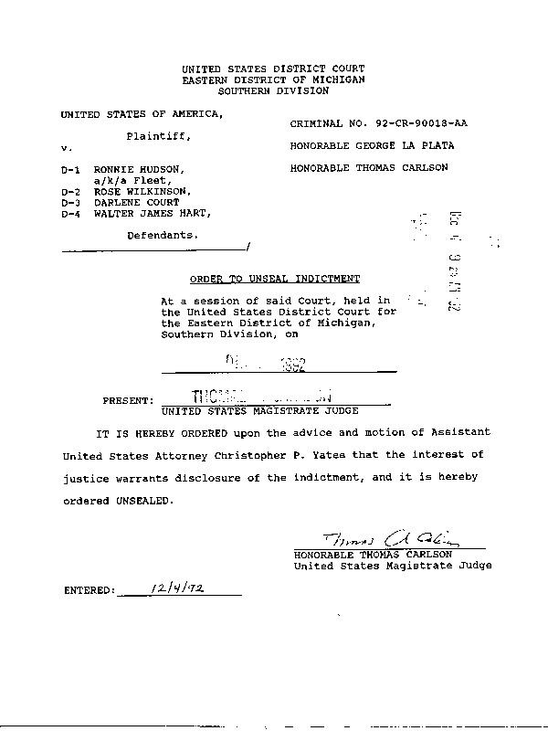 Order To Unseal Indictment in CASE 92-CR-90018-AA
