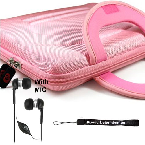 eBigValue: Pink Protective Hard Nylon Carrying Case for Sony DVP-FX970 9-Inch Portable DVD Player + Includes a eBigValue Determination Hand Strap Key Chain + Includes a Crystal Clear High Quality HD Noise Filter Earbuds Earphones Handsfree 3.5mm Jack with Mic and Mute Button