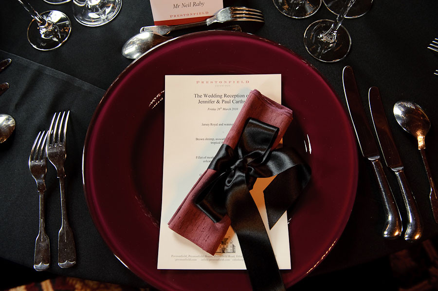 88 Events designs a Wedding at Western House Hotel - Damson Charger Plate with Plum Faux Silk Napkin and Black Satin Ribbon