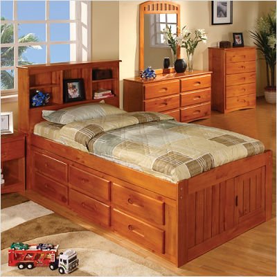 Discovery World Furniture 2120-3DTH / 2120-6DH Honey Twin Bookcase Captain's Bed Configuration: 3 Drawers + 1 Trundle Unit
