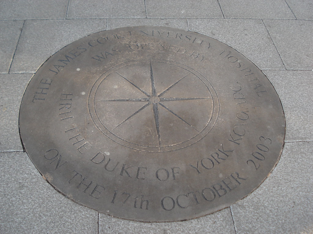 Stone commemorating the opening of James Cook University Hospital Middlesbrough, 17th October 2003. This is the same day the Endeavour replica sailed up the River Tees to Middlesbrough Dock, Middlehav