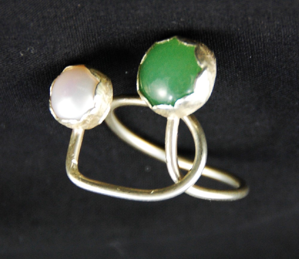 Jade and pearl adjustable sterling silver ring rotated
