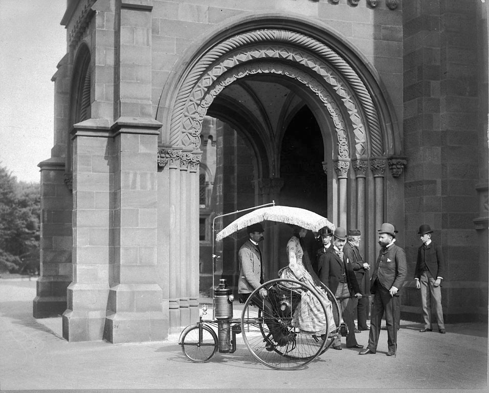 Steam tricycle in front of Castle, 1888