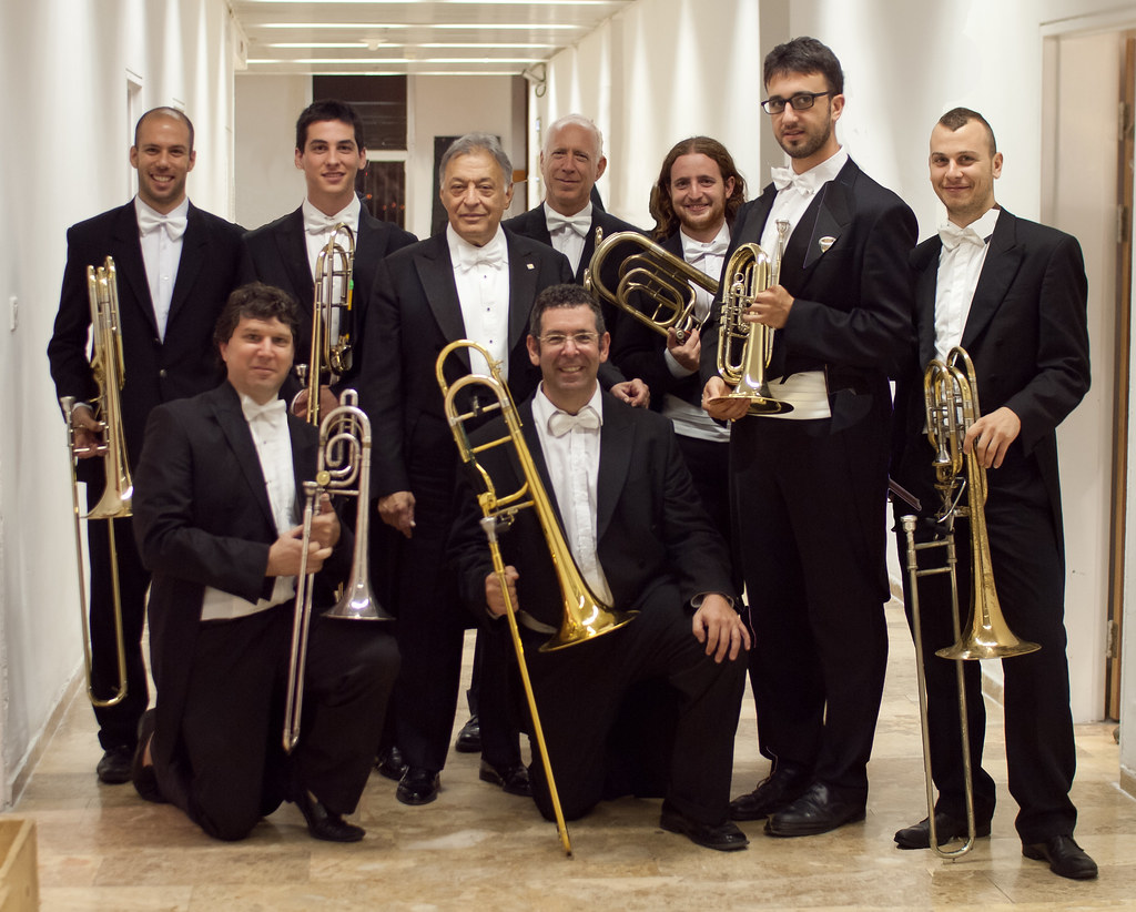 Zubin Mehta poses with Schoenberg's Gurre-Lieder eight-man trombone section