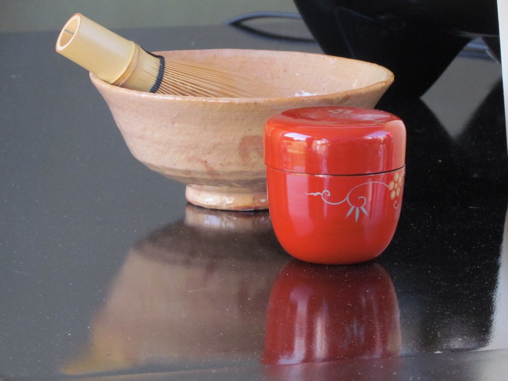 Earthenware Chawan bowl, Chasen whisk and Natsume container