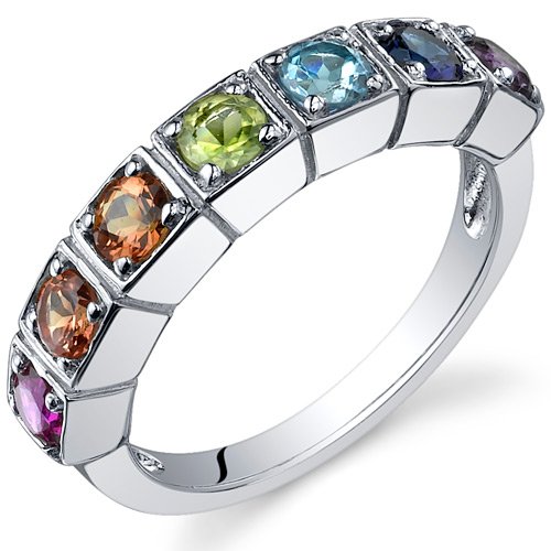 7 Stone Rainbow 1.75 Carats Multi Gemstone Band Ring in Sterling Silver Size 9