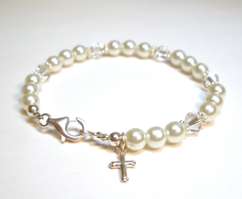 Pearl Communion Confirmation Flowergirl Bracelet With Cross