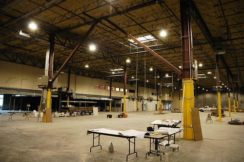 Looking back at the mezzanine from the production floor