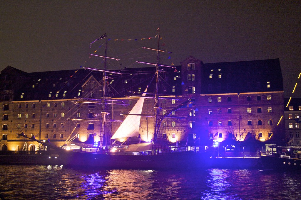 Boat docked by hotel in Copenhagen