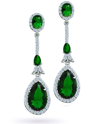 Bling Jewelry Bridal 6-carat Green Emerald CZ Teardrop Silver-Plated Earrings
