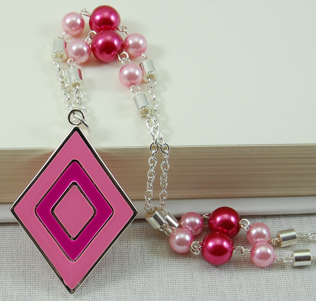 Pink Diamond Necklace with Pearls and Silver Chain