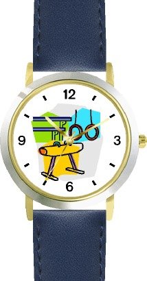 Gymnastic Equipment or Apparatus Montage - Rings, Pommel Horse, Parallel Bars Gymnastics Theme - WATCHBUDDY DELUXE TWO-TONE THEME WATCH - Arabic Numbers - Blue Leather Strap-Children's Size-Small ( Boy's Size & Girl's Size )